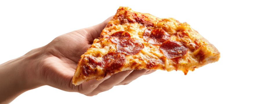 Hand holding a slice of cheesy pepperoni pizza against a black background