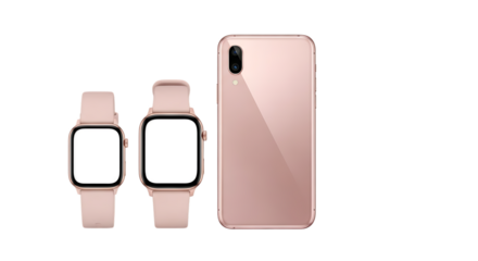Two pink smartwatches and a pink smartphone isolated on transparent background