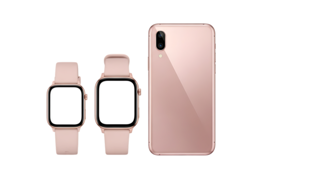 Two pink smartwatches and a pink smartphone isolated on transparent background - Powered by Adobe