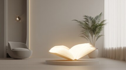 Minimalist Room with Glowing Open Book and Plant