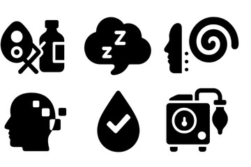 Anesthesia Symbolism Icons. Solid style icons of anesthesia history and symbolism: Crossed Mask and Bottle, Sleep Cloud, Numbness
