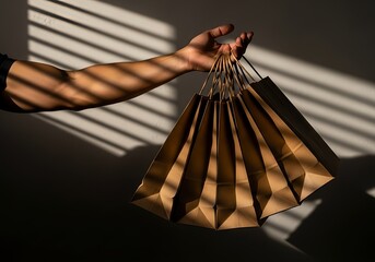 Hand holding multiple brown paper shopping bags in striped light, symbolizing cyber monday sales delivery and online retail purchases