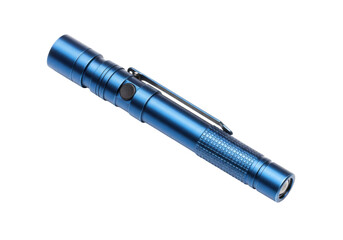 Isolated blue flashlight with pocket clip shows compact illumination for home and outdoors