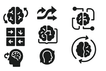 Adaptive Leadership Icons. Solid style icons of cognitive flexibility in leaders: adaptable brain icon, shift-thinking arrows,