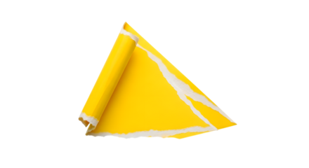 Torn yellow rolled paper corner piece with ragged edges on transparent background