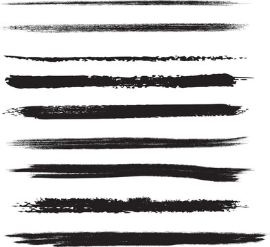 Straight line vector Asian ink brush strokes. Black hand drawn stripes, smears. Chinese, Japanese or Korean calligraphy brushstrokes set. Rough grunge thick paint line texture. Vector sketch lines