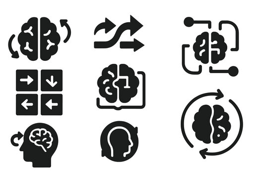 Adaptive Leadership Icons. Solid style icons of cognitive flexibility in leaders: adaptable brain icon, shift-thinking arrows,