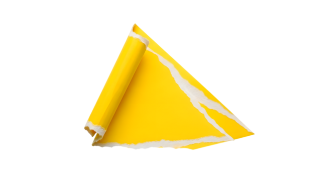 Torn yellow rolled paper corner piece with ragged edges on transparent background