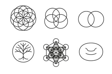 Sacred Geometry Icons. Line style icons of Sacred Geometry Basics: flower of life, seed of life, vesica piscis, tree of life,