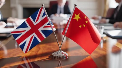 UK and China Flags on a Conference Table Representing International Relations and Diplomacy.