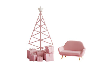 Elegant Pink Christmas Decor Featuring a Minimalist Tree, Gifts, and Stylish Sofa Creating a Festive and Chic Holiday Ambiance.