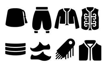 Vintage Zouave Uniform Icons. Solid style icons of vintage Zouave uniform elements: Tasseled Fez, Baggy Trousers, Short Jacket,