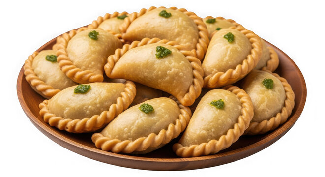 Indian gujiya or karanji sweet pastry on wooden plate isolated on transparent background