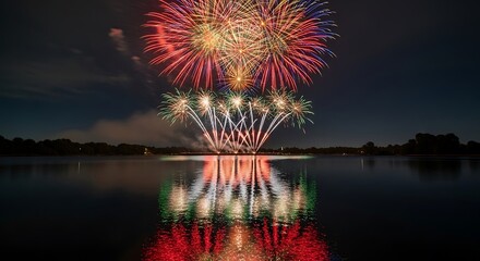 Spectacular Fireworks Display Reflected in Calm Water at Night.