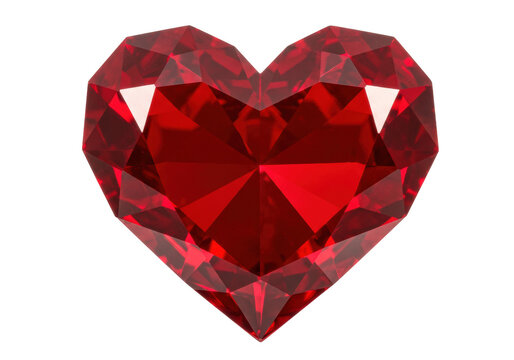 Isolated polished heart-shaped ruby gemstone, brilliant faceted love concept, romantic design, Valentines