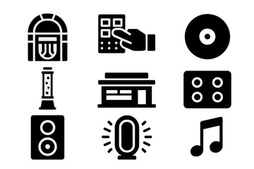 Retro Music Icons. Solid style icons of Retro Music Machine: Vintage Jukebox, Selection, Record, Bubble Tube, Diner, Buttons,