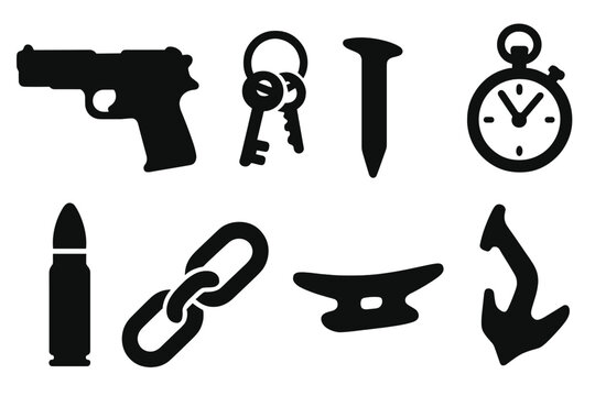 Uncommon Magnet Finds. Solid style icons of unusual magnet finds: Old Handgun, Key Ring, Railway Spike, Pocket Watch, Canister