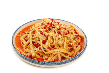 Spicy Shredded Bamboo Shoots with Chilies in Traditional Ceramic Bowl - Asian Vegetarian Dish