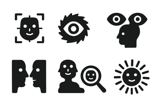 Pareidolia Icon Set. Solid style icons of pareidolia concept and symbolism: Face Detection Grid, Visual Bias Icon, Pattern