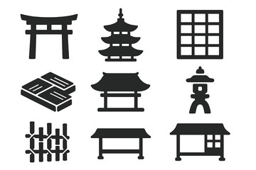 Japanese Architecture Icons. Solid style icons of Japanese architecture elements: Torii Gate, Pagoda, Shoji Screen, Tatami Floor,