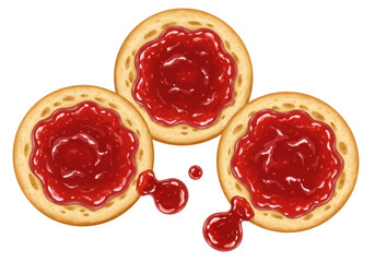 Isolated appetizer round crackers with red jam, dessert snack for tea time, tasty simple cookies