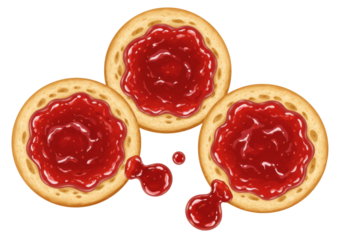 Isolated appetizer round crackers with red jam, dessert snack for tea time, tasty simple cookies