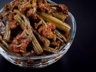 Close-up of bracken fern salad. Top view.