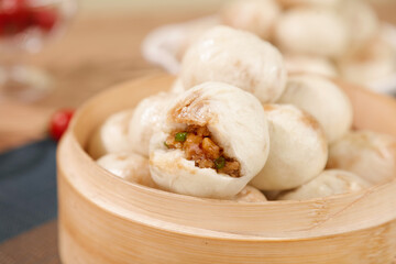 Traditional Xiao Long Bao Chinese Soup Dumplings in Bamboo Steamer Shengzhou Cuisine