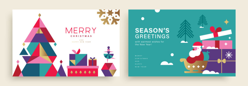 Set of Merry Christmas and Happy New Year vector illustration for greeting cards, posters, holiday covers in modern minimalist geometric style.

