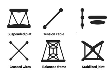 Tensegrity Structure Icons. Solid style icons of tensegrity structure components: Suspended Platform, Tension Cable, Compression