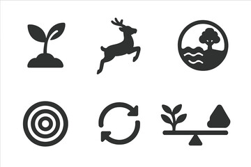 Rewilding Icons. Solid style icons of rewilding efforts in fallout zones: plant sprout glyph, animal return icon, ecosystem badge.