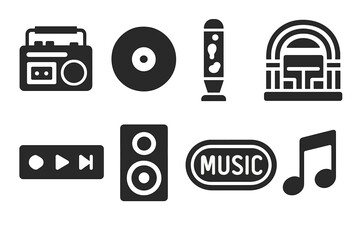 Obraz premium Retro Music Icons. Solid style icons of Retro Music Player: Selection, Record, Bubble Tube, Diner, Buttons, Speaker, Neon Lights,