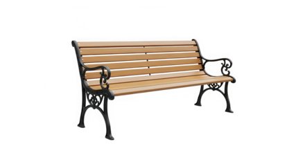 Classic park bench with wooden slats and ornate metal frame isolated on transparent background