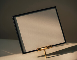 A sleek black empty picture frame with a golden easel, poised on a bright surface, dramatically lit to highlight its minimalist design, ready for new memories or art