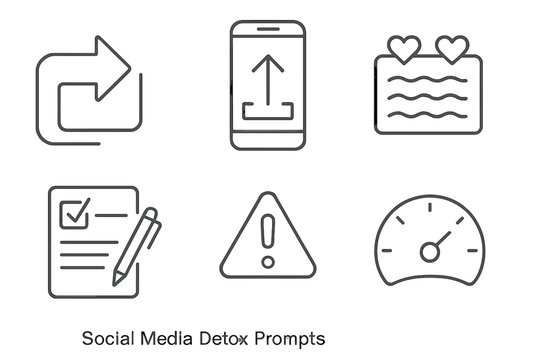 Social Media Detox Icons. Line style icons of Social Media Detox Prompts: log out symbol, uninstall icon, mindfulness quote card,