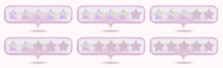 3d Y2K Chrome bubble rating five stars, for best excellent services. Gradient Pink 5 star for quality customer rating. Feedback concept from client employee, product review. 3d chromatic vector render