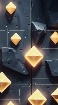 Vertical video: Pulsing glowing golden tetrahedral solids revealing textures on dark panel at start