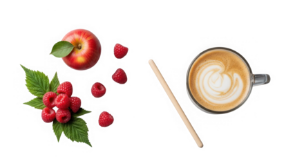 Fresh apple, raspberries, and coffee with stirring stick isolated on transparent background