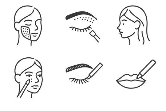 Cosmetic Tattoo Icons. Line style icons of cosmetic tattoo cover-ups: skin-tone correction icon, eyebrow tint mask, hairline