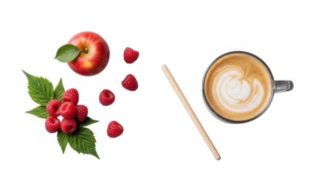 Fresh apple, raspberries, and coffee with stirring stick isolated on transparent background