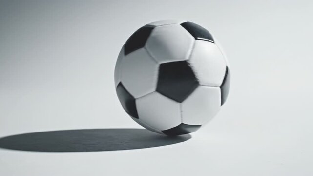 Soccer ball with black and white panels casting shadow on smooth plain white surface symbolizing sports recreation outdoor game equipment and round ball for active outdoor recreation and game play