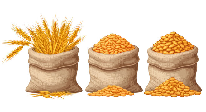 A set of vector burlap sacks, one filled with golden wheat sheaves and two overflowing with harvested grains or kernels