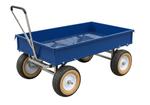 Isolated blue garden cart wagon trolley with metal frame for landscaping hauling tools