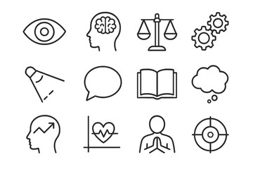 Mental Processes Icons. Line style icons of Mental Processes: perception eye, memory icon, decision scale, reasoning gears;