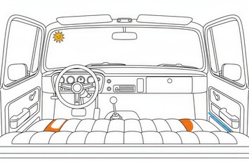 Whimsical Coloring Page of a Vintage Car Interior with a Cheerful Sun Decal