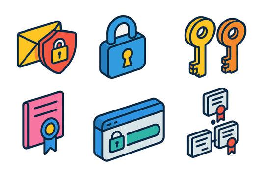 Data Privacy Icons. Isometric vector illustration set Data privacy &ndash; secure email envelope, encryption lock, public key; private