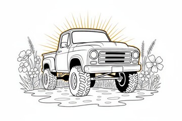 Vintage Off road Pickup Truck with Sunburst and Wildflowers Illustration