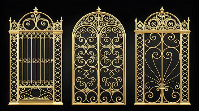 Ornate gold metal gates with intricate scrollwork designs