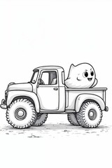 Cute Cartoon Ghost Riding in the Back of a Vintage Off road Pickup Truck