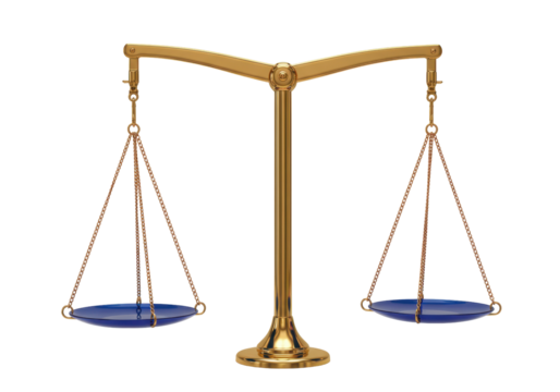Isolated golden balance scales, symbol of law and justice, perfect for legal design or concepts